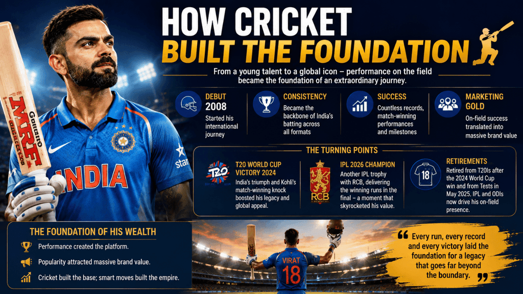 How cricket built the foundation of Virat Kohli’s success, highlighting his career debut, consistency, major achievements, and growing brand value.