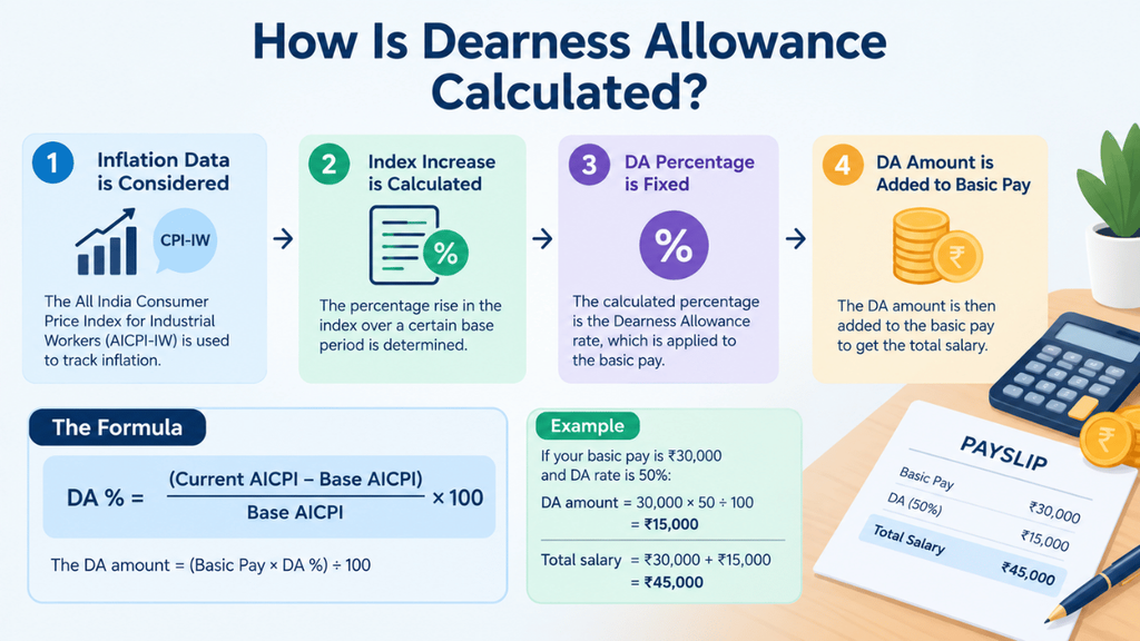 How dearness allowance is calculated using inflation data, AICPI-IW, DA percentage, basic pay, and a salary calculation example.