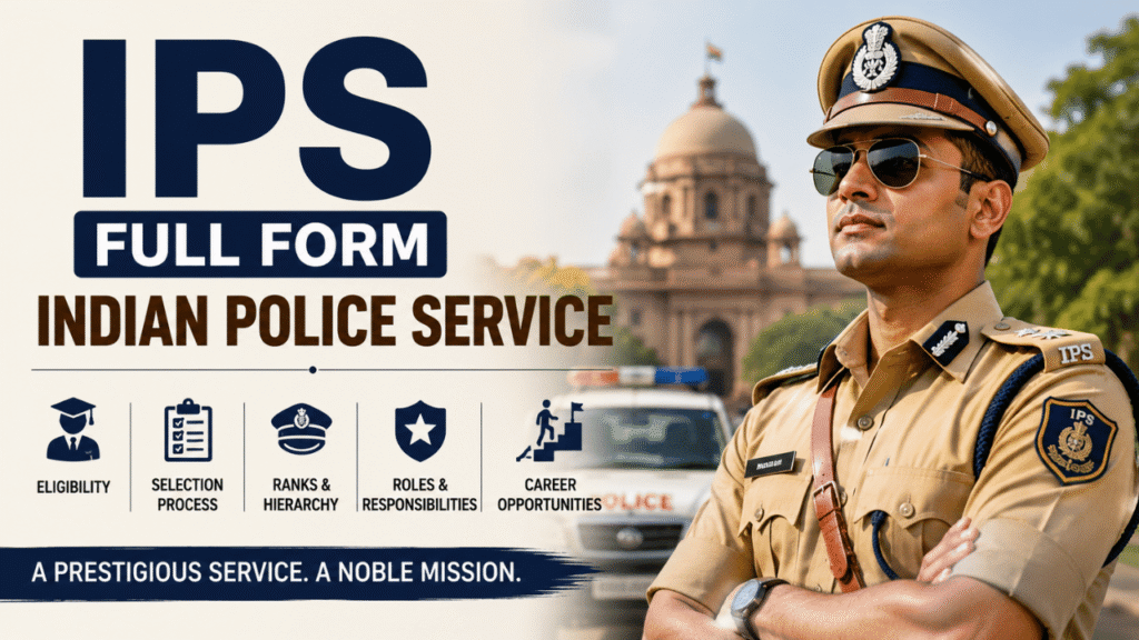 IPS full form Indian Police Service infographic showing an IPS officer, eligibility, selection process, ranks, roles, and career opportunities.