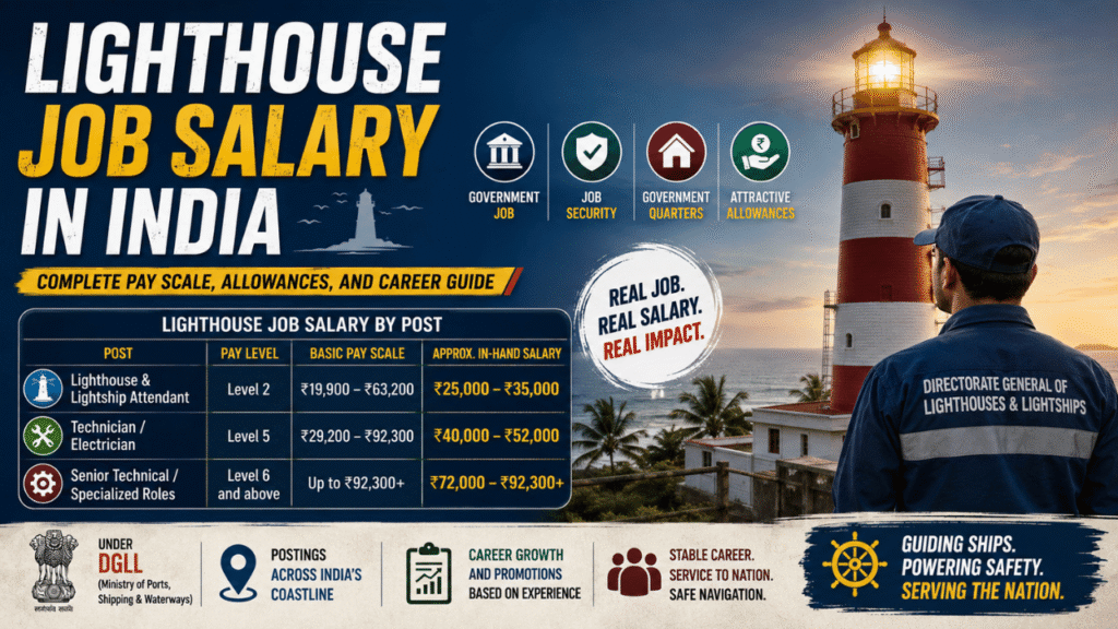 Lighthouse job salary in India infographic showing pay scales, in-hand salaries, allowances, career growth, and government job benefits.