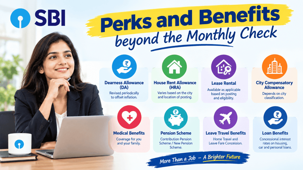 SBI CBO perks and benefits beyond the monthly salary, including allowances, medical benefits, pension, travel benefits, housing support, and loan benefits.