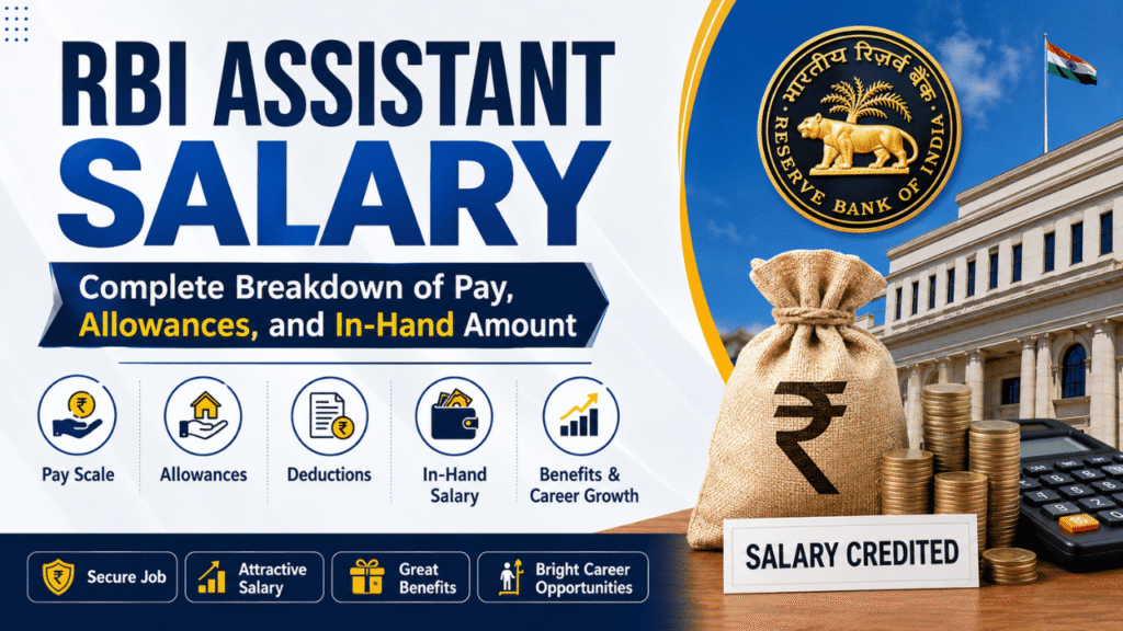RBI Assistant salary infographic showing pay scale, allowances, deductions, in-hand salary, benefits, and career growth.
