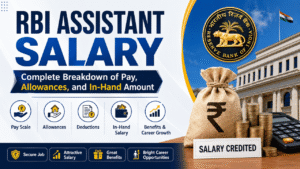 RBI Assistant salary infographic showing pay scale, allowances, deductions, in-hand salary, benefits, and career growth.