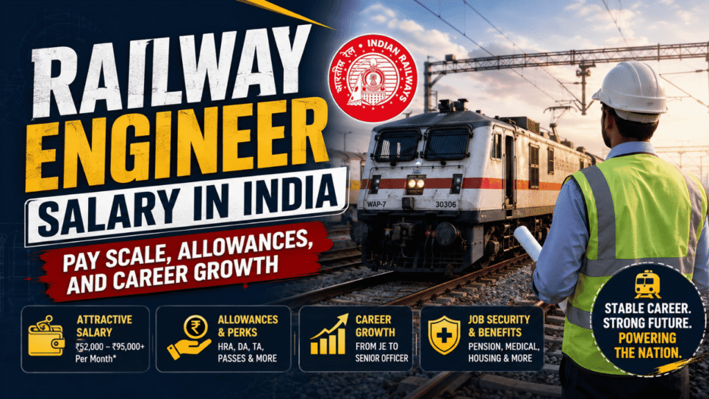 Railway engineer salary in India infographic showing pay scale, allowances, career growth, job benefits, and an Indian Railways engineer beside a locomotive.