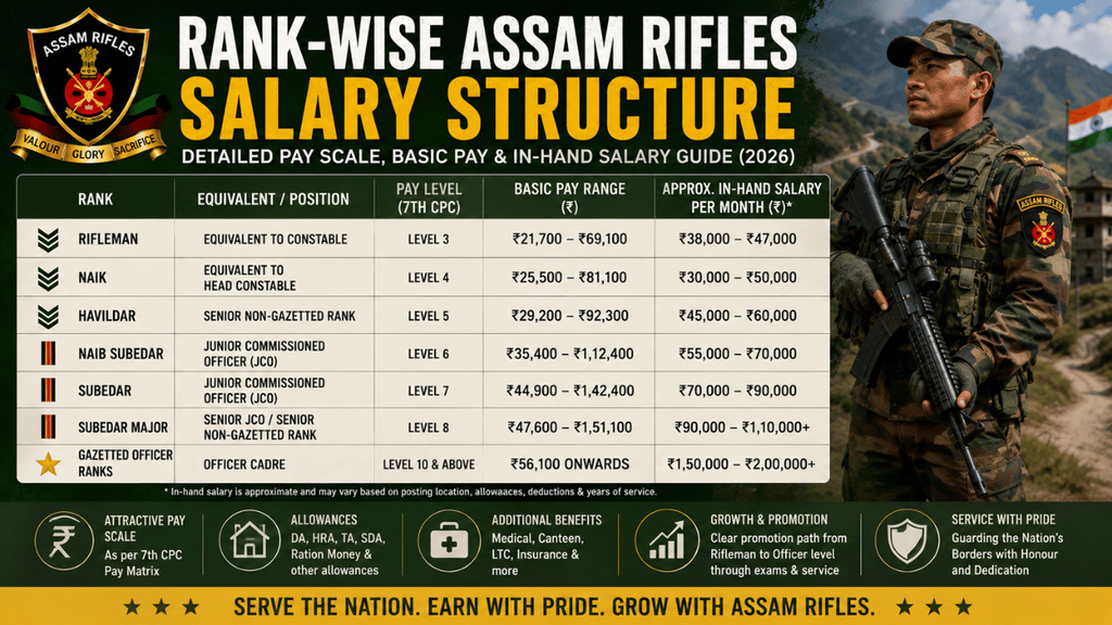 Rank-wise Assam Rifles salary structure 2026 showing pay levels, basic pay, in-hand salary, allowances, and career progression.
