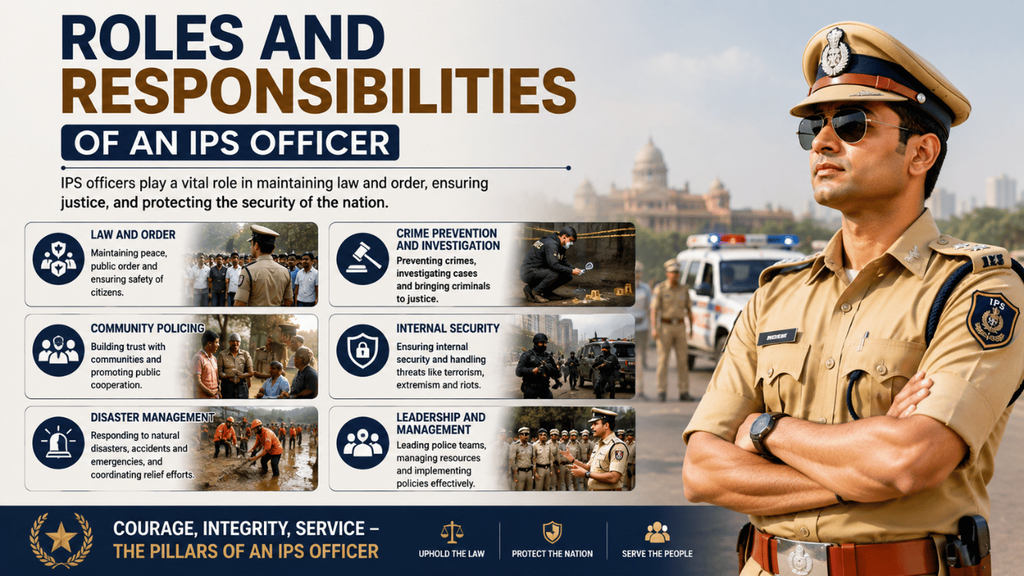 Roles and responsibilities of an IPS officer, including law and order, crime prevention, community policing, internal security, disaster management, and leadership.