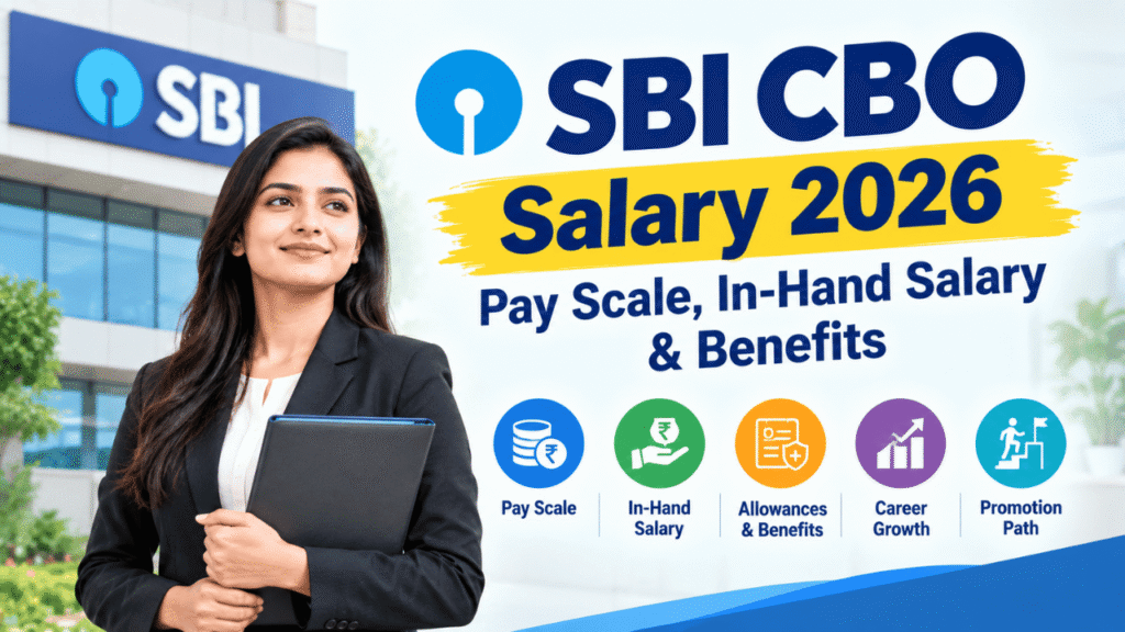 SBI CBO Salary 2026 guide featuring pay scale, in-hand salary, allowances, benefits, career growth, and promotion path.