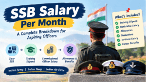 SSB salary per month infographic showing training stipend, rank-wise salary, allowances, deductions, in-hand pay, and career benefits for aspiring Indian Armed Forces officers.