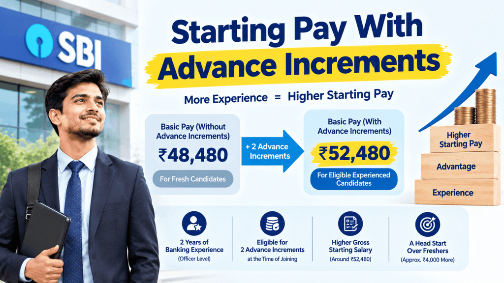 SBI CBO starting pay with advance increments, showing ₹48,480 basic pay increasing to ₹52,480 for eligible experienced candidates.