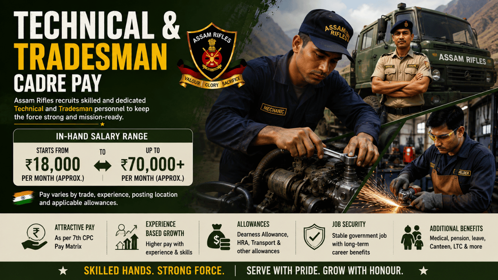 Assam Rifles technical and tradesman cadre pay showing salary range, allowances, skilled trades, and career benefits.