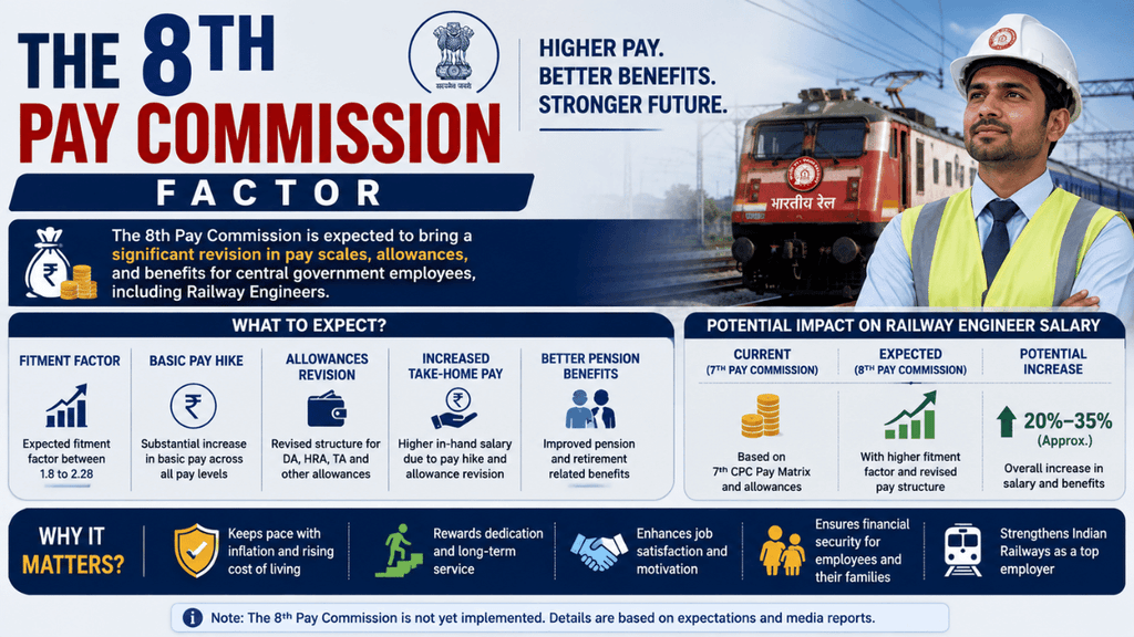 8th Pay Commission factor infographic showing potential changes to railway engineer salary, pay scale, allowances, take-home pay, and pension benefits.