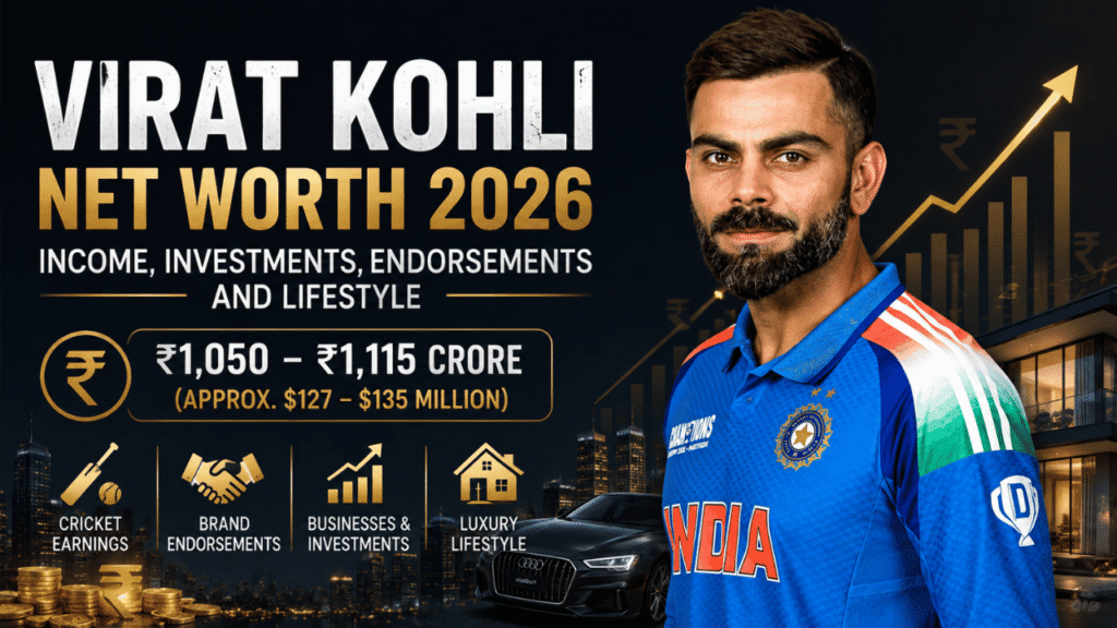 Virat Kohli net worth 2026 feature image showing his estimated wealth, income, investments, endorsements, businesses, and luxury lifestyle.