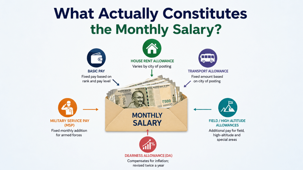 Monthly salary breakdown showing basic pay, MSP, DA, HRA, transport allowance, and field or high-altitude allowances.