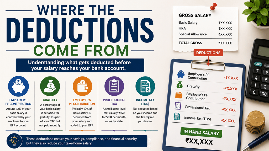 Where salary deductions come from, showing PF contributions, gratuity, professional tax, income tax, and their impact on in-hand salary.