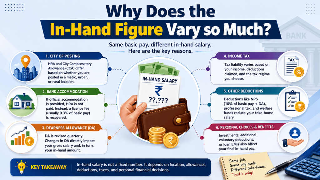 Why RBI Assistant in-hand salary varies due to posting city, accommodation, DA, income tax, and other deductions.