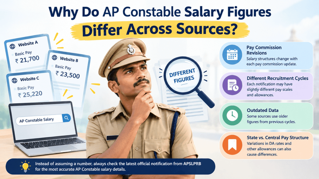 Why AP Constable salary figures differ across sources due to pay commission revisions, recruitment cycles, outdated data, and varying allowances.