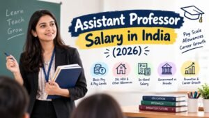 Assistant professor salary in India 2026 feature image highlighting UGC pay scales, basic salary, DA and HRA allowances, in-hand earnings, government vs. private college salaries, and career growth opportunities.