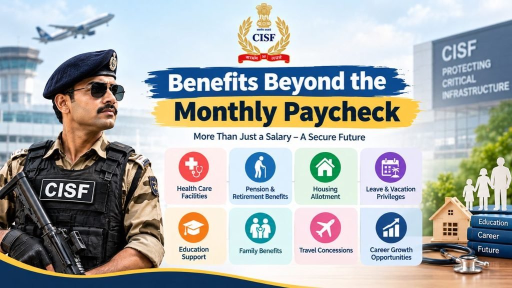 Benefits beyond the monthly paycheck for CISF personnel, including healthcare, pension, housing, leave privileges, education support, family benefits, travel concessions, and career growth.
