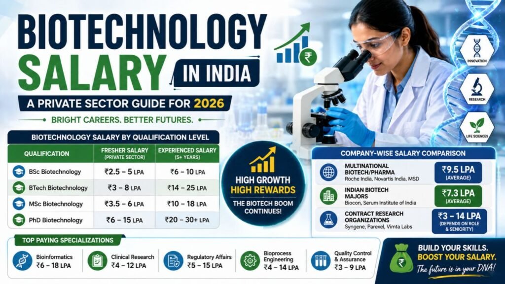 Biotechnology salary in India infographic showing 2026 private-sector pay by qualification, company type, specialization, and experience.