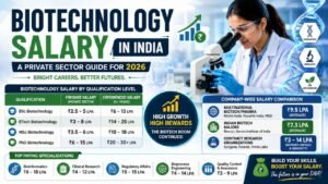 Biotechnology salary in India infographic showing 2026 private-sector pay by qualification, company type, specialization, and experience.