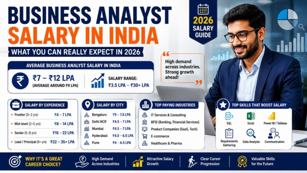 Business Analyst salary in India 2026 infographic showing average pay, salary by experience and city, top-paying industries, and skills that boost salary