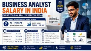 Business Analyst salary in India 2026 infographic showing average pay, salary by experience and city, top-paying industries, and skills that boost salary