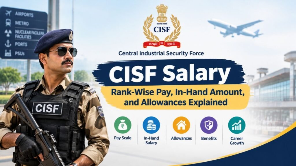 CISF salary infographic showing rank-wise pay, in-hand salary, allowances, benefits, and career growth for Central Industrial Security Force personnel.