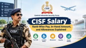 CISF salary infographic showing rank-wise pay, in-hand salary, allowances, benefits, and career growth for Central Industrial Security Force personnel.