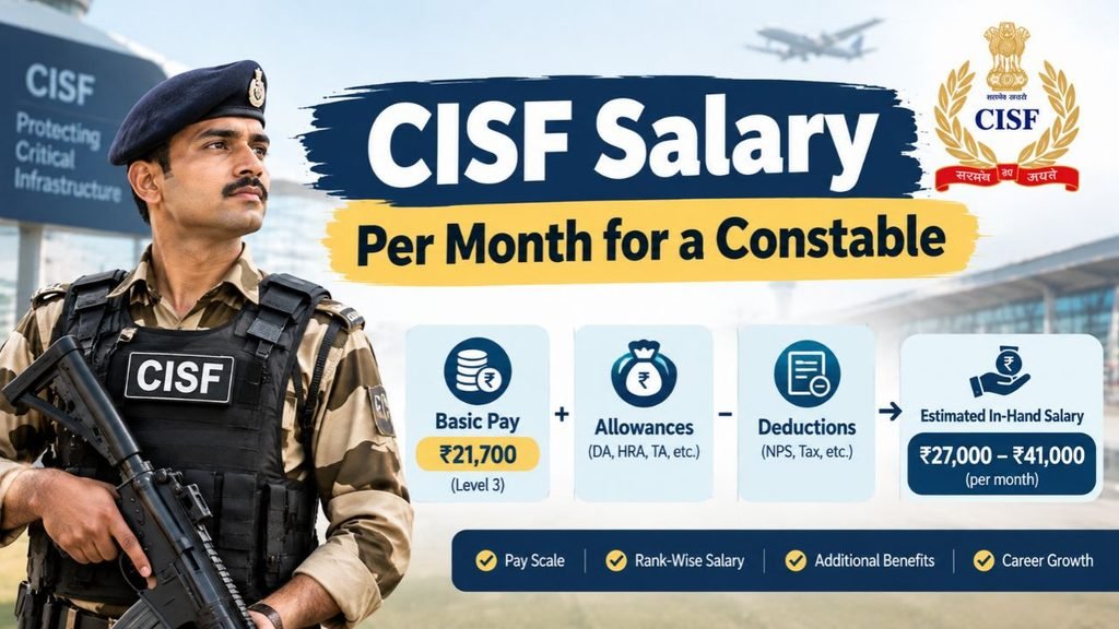 CISF salary per month for a constable showing ₹21,700 basic pay, estimated in-hand salary of ₹27,000–₹41,000, allowances, deductions, and benefits.