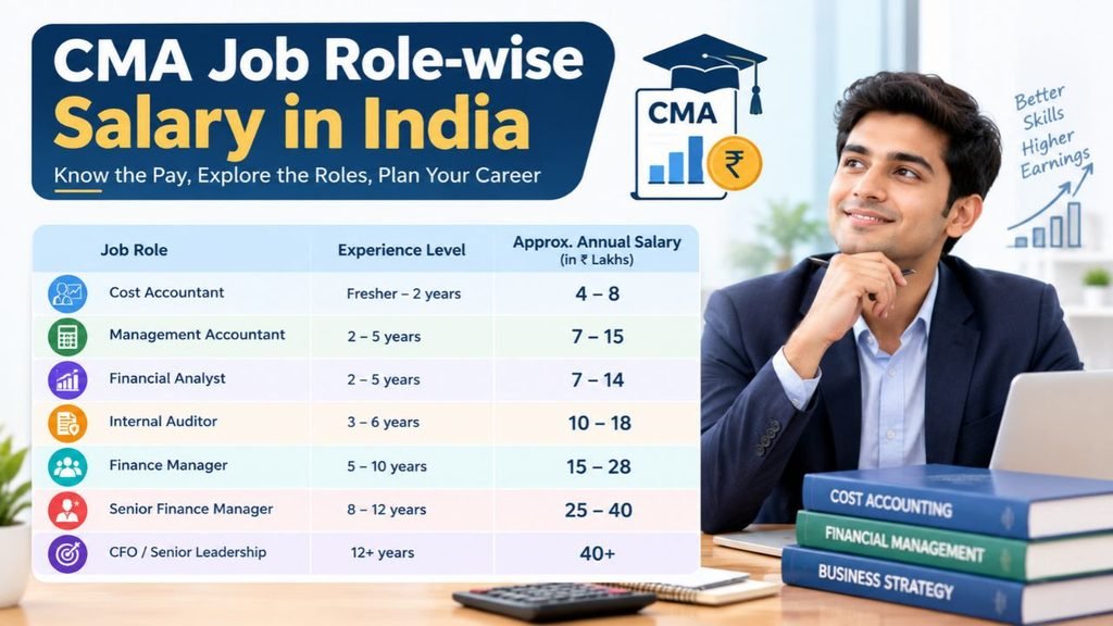 CMA job role-wise salary in India, showing approximate annual salaries for cost accountants, management accountants, financial analysts, internal auditors, finance managers, and senior finance professionals.
