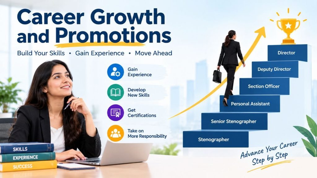 Career growth and promotions infographic showing professional development, skill building, certifications, and career progression from stenographer to director.