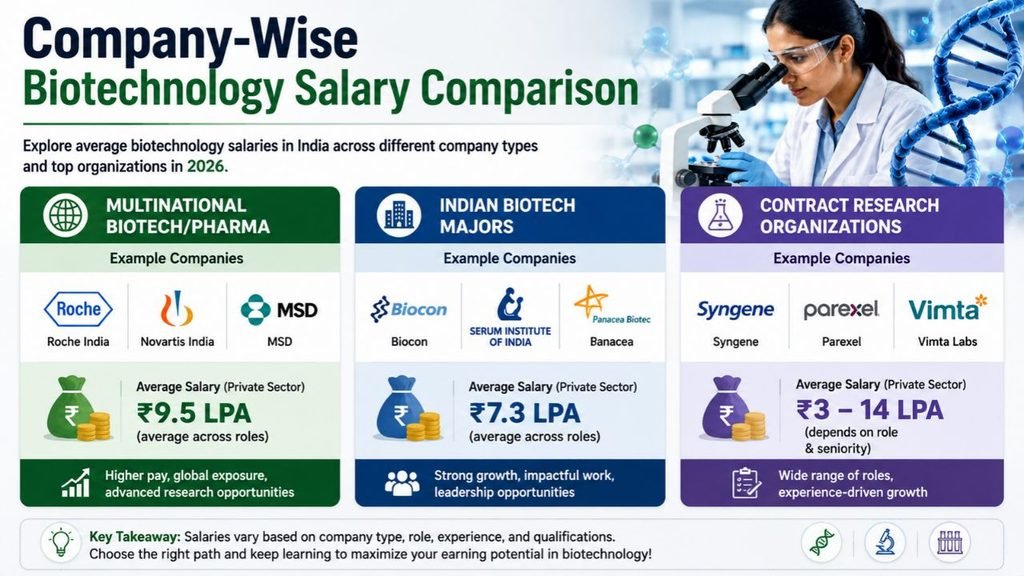Company-wise biotechnology salary comparison showing private-sector pay across multinational biotech and pharma companies, Indian biotech majors, and contract research organizations in India.