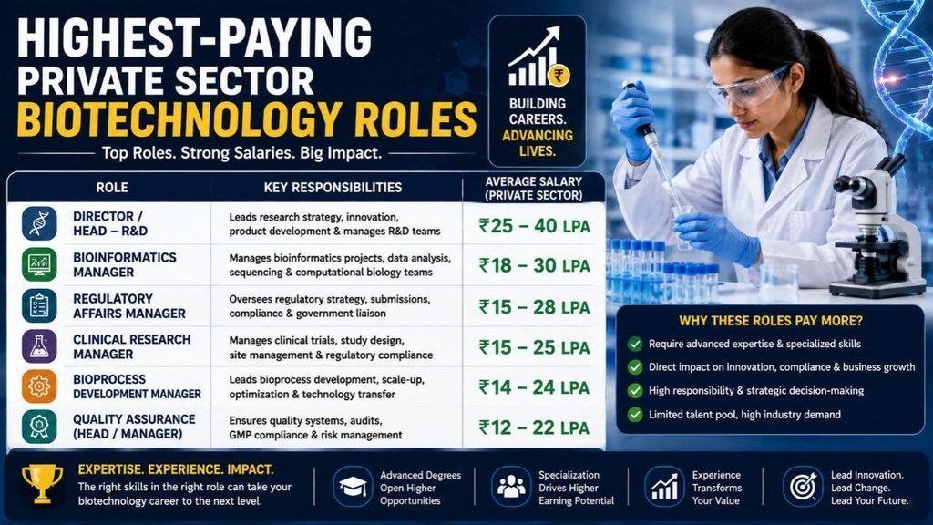 Highest-paying private sector biotechnology roles infographic showing top biotech jobs, salary ranges, key responsibilities, and career growth opportunities in India.