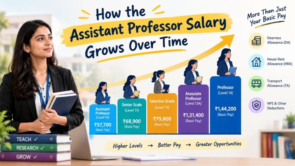 Assistant professor salary growth infographic showing pay levels, salary increments, and career progression in India.