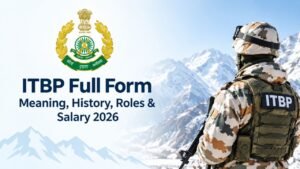 ITBP Full Form 2026 featuring an ITBP soldier in snowy Himalayan mountains with the force emblem and details about its meaning, history, roles, and salary.