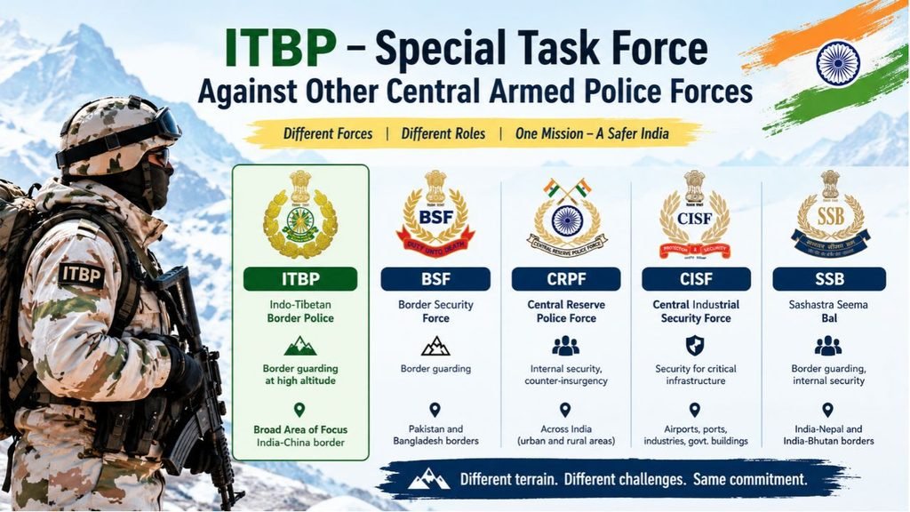 ITBP vs other Central Armed Police Forces, including BSF, CRPF, CISF, and SSB, highlighting their roles and border security responsibilities in India.
