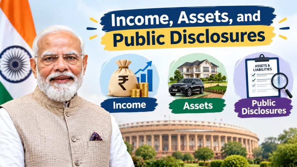 Narendra Modi income, assets, and public disclosures infographic featuring financial savings, property, a car, and an assets and liabilities checklist.