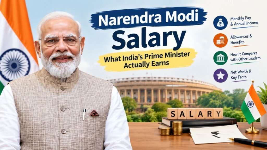 Narendra Modi salary feature image showing India's Prime Minister, Parliament House, Indian flag, monthly pay, allowances, benefits, and net worth.