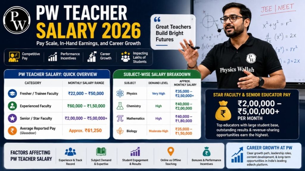 PW teacher salary 2026 infographic showing fresher, experienced, and star faculty pay, subject-wise salaries, incentives, and career growth.