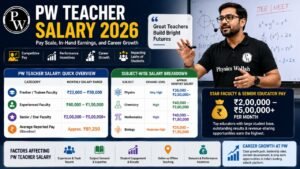 PW teacher salary 2026 infographic showing fresher, experienced, and star faculty pay, subject-wise salaries, incentives, and career growth.