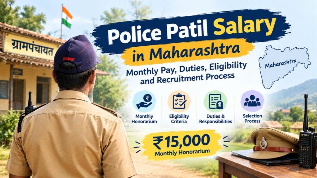Police Patil salary in Maharashtra feature image highlighting the ₹15,000 monthly honorarium, job duties, eligibility criteria, recruitment process, and village-level responsibilities.