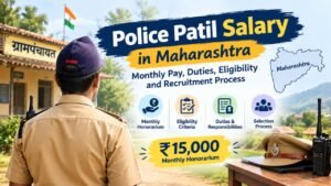 Police Patil salary in Maharashtra feature image highlighting the ₹15,000 monthly honorarium, job duties, eligibility criteria, recruitment process, and village-level responsibilities.
