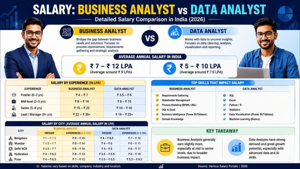 Business Analyst vs Data Analyst salary comparison in India 2026 showing average pay, experience-wise salaries, city-wise earnings, key skills, and career growth.