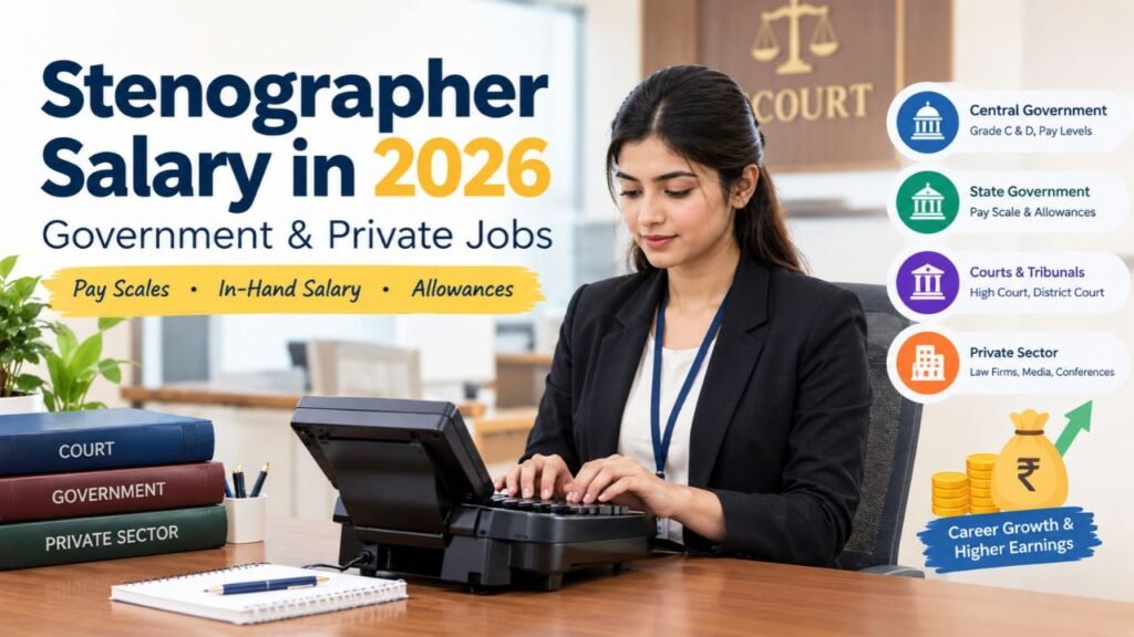 Stenographer salary in 2026 infographic featuring government and private sector pay scales, in-hand salary, allowances, court jobs, and career growth opportunities in India.