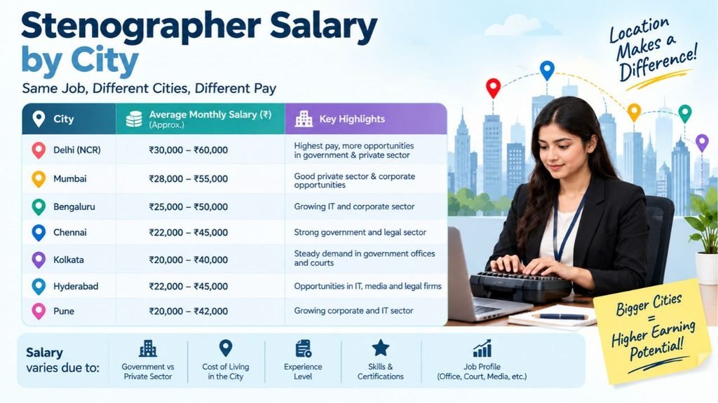 Stenographer salary by city in India infographic comparing monthly pay ranges in Delhi, Mumbai, Bengaluru, Chennai, Kolkata, Hyderabad, and Pune, with factors affecting earnings.