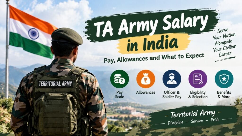 TA Army salary in India feature image showing an Indian Territorial Army soldier, the national flag, and key details about pay scales, allowances, officer and soldier salaries, eligibility, and benefits.