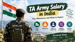 TA Army salary in India feature image showing an Indian Territorial Army soldier, the national flag, and key details about pay scales, allowances, officer and soldier salaries, eligibility, and benefits.