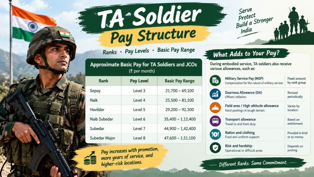 TA Soldier Pay Structure infographic showing Territorial Army ranks, salary ranges, and allowances in India.