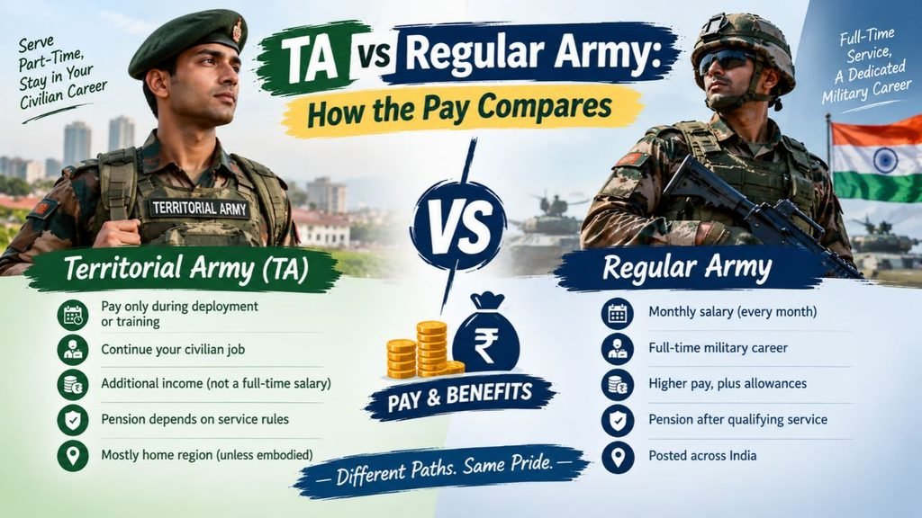 TA vs Regular Army comparison image highlighting differences in salary, pay allowances, civilian employment, pension eligibility, deployment, and full-time military service in India.
