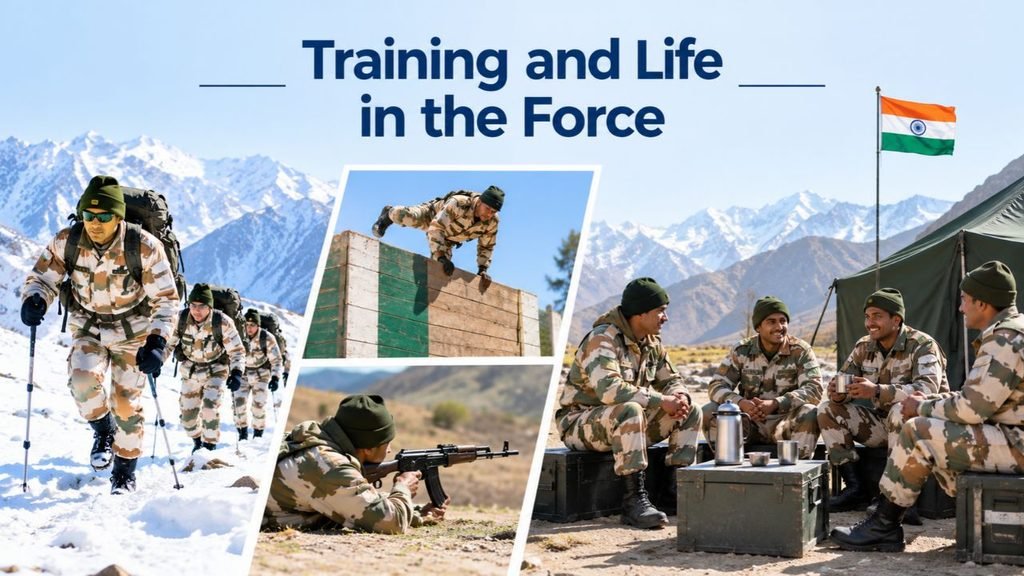 ITBP training and life in the force, featuring soldiers trekking through snowy Himalayan mountains, completing obstacle training, practicing rifle skills, and relaxing at a mountain camp.